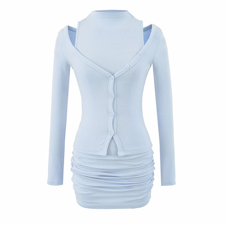 Ladies two-piece knit set with integrated high neck vest and asymmetric button cardigan Mune Fashion