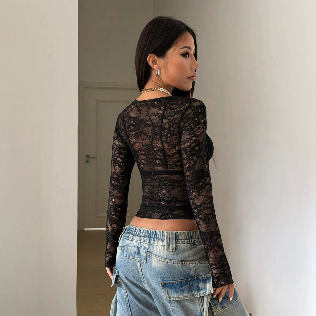 Women’s tailored transparent lace long sleeve with floral openwork pattern and stretch Mune Fashion