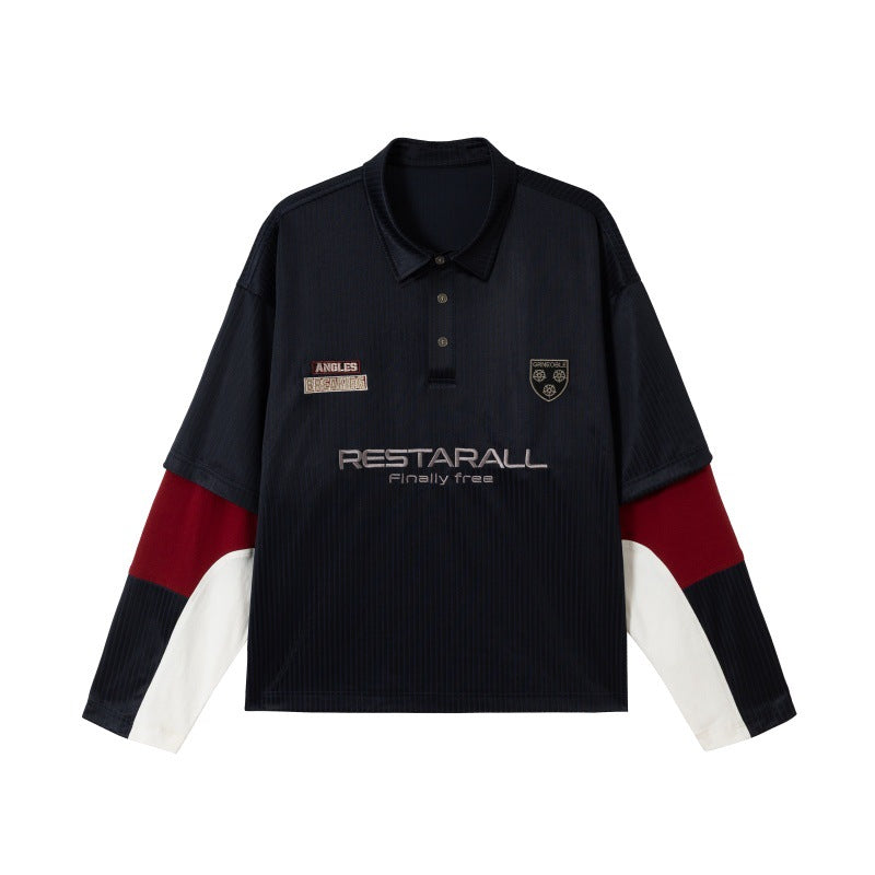 Unisex Long Sleeve Rugby Polo in Oversized Cut with Colorblock Sleeves and Logo Embroidery Mune Fashion
