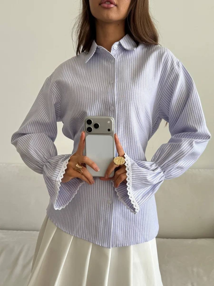 Ladies Striped Cotton Blouse with Lace Trim on Bell Sleeves Mune Fashion