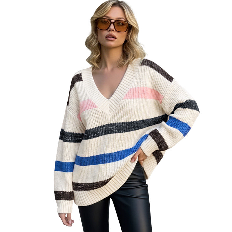 Women's Stylish Knit Sweater with V-Neck and Horizontal Stripes Mune Fashion