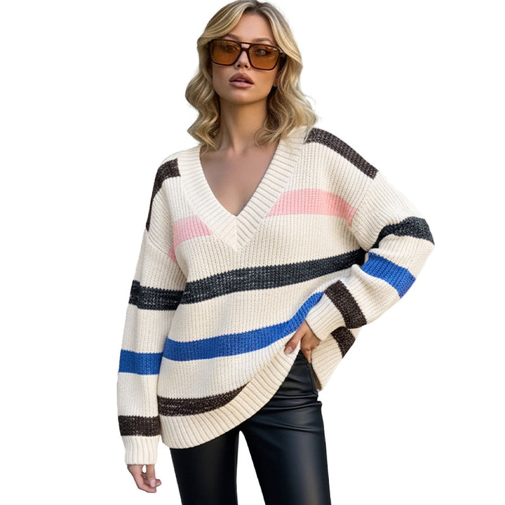 Women's Stylish Knit Sweater with V-Neck and Horizontal Stripes Mune Fashion