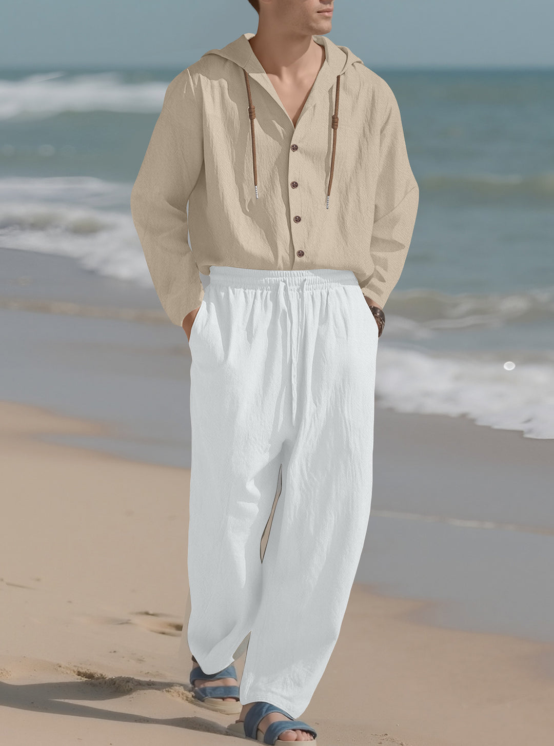 Men's casual hoodie shirt with continuous button placket, decorative drawstring, and relaxed fit Mune Fashion