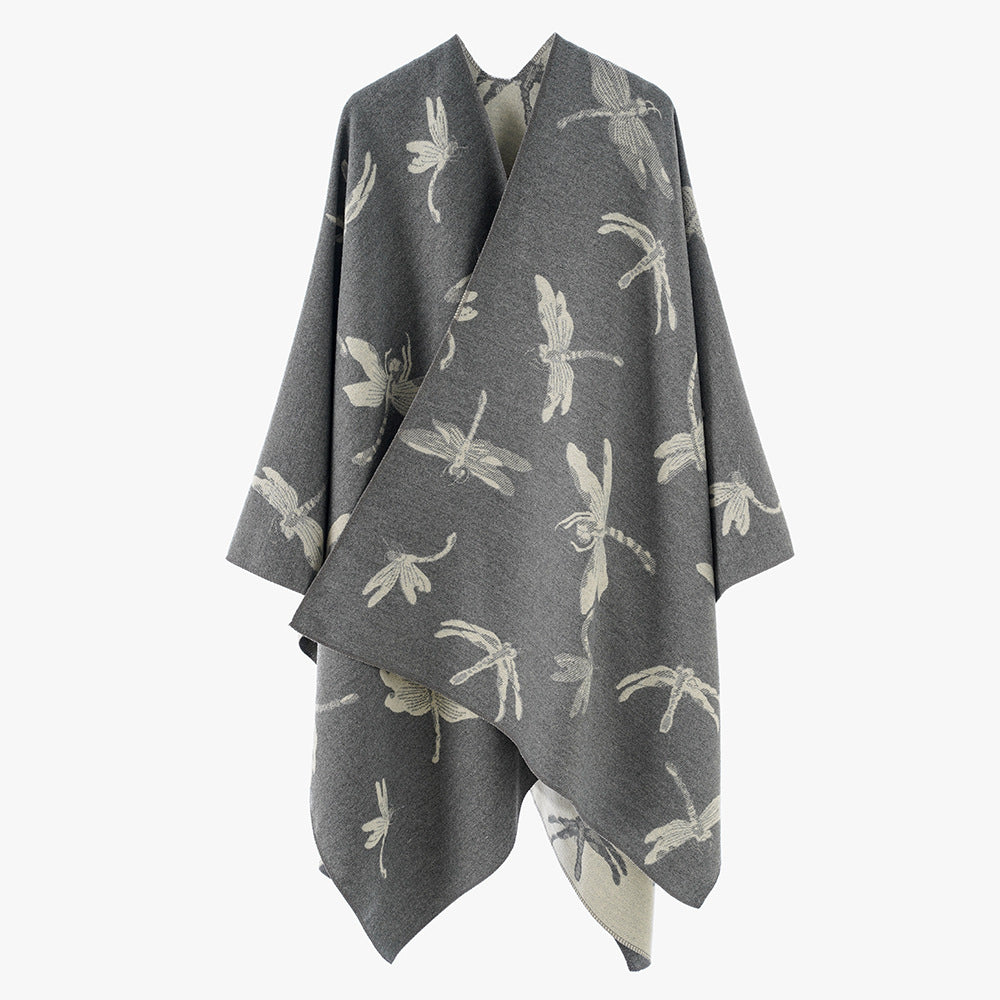 Ladies Reversible Jacquard Poncho with Dragonfly Pattern Mune Fashion