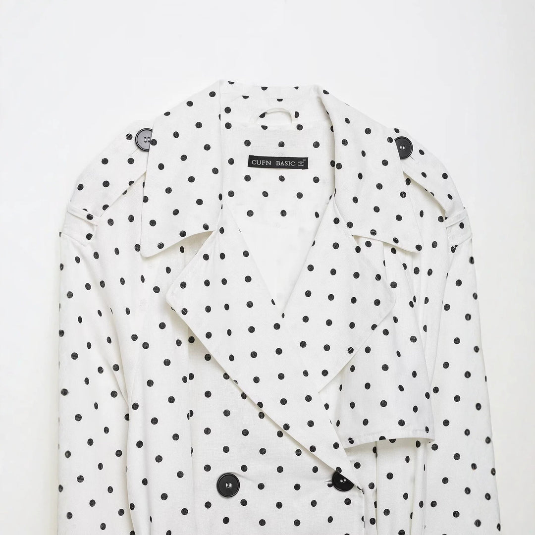 Women Polka Dot Cropped Trench Coat with Tie Belt Mune Fashion