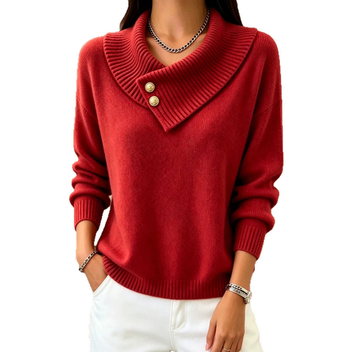 Women's fine knit pullover with overlapping shawl collar and decorative buttons Mune Fashion
