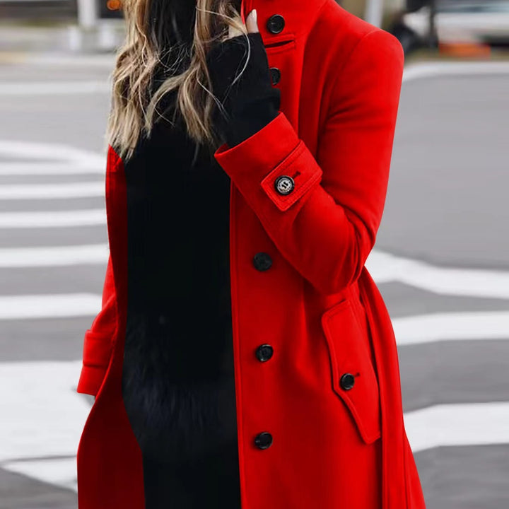 Women's tailored wool blend coat with stand-up collar, flap pockets, and adjustable waistband Mune Fashion