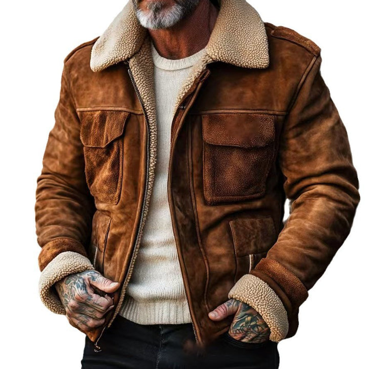 Men's nan aviator leather jacket with faux shearling lining, patch chest pockets and zip Mune Fashion