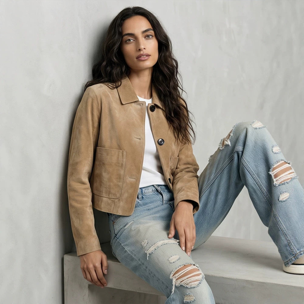 Women Short Suede Jacket in Clean-Cut with Patch Pockets Mune Fashion