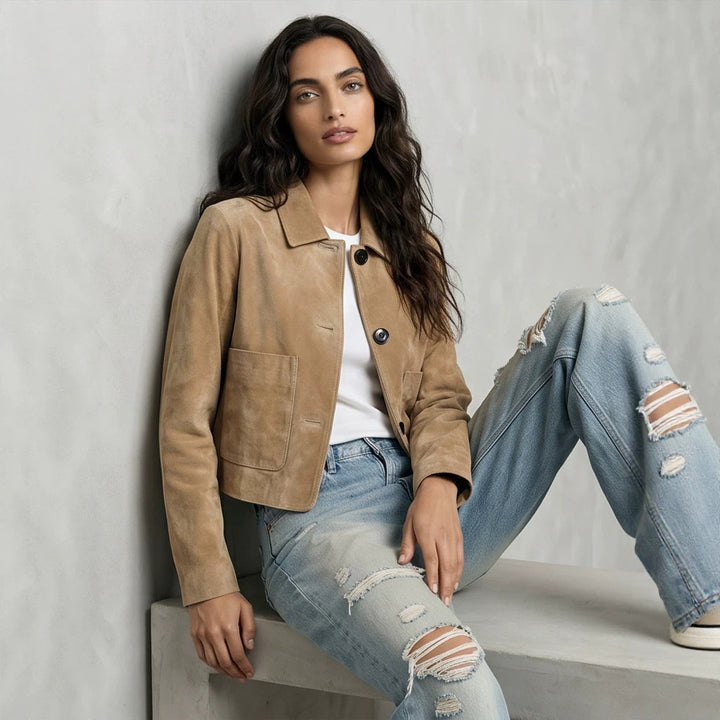 Women Short Suede Jacket in Clean-Cut with Patch Pockets Mune Fashion
