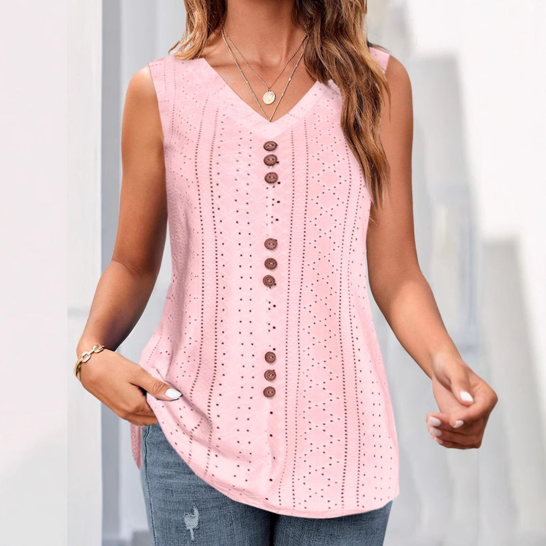 Women's sleeveless broderie anglaise top with V-neck and decorative button placket Mune Fashion