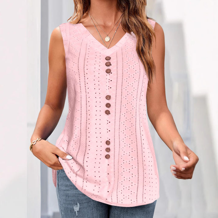 Women's sleeveless broderie anglaise top with V-neck and decorative button placket Mune Fashion