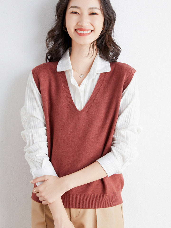 Women's Oversized V-neck Fine Knit Vest with Ribbed Hem Mune Fashion