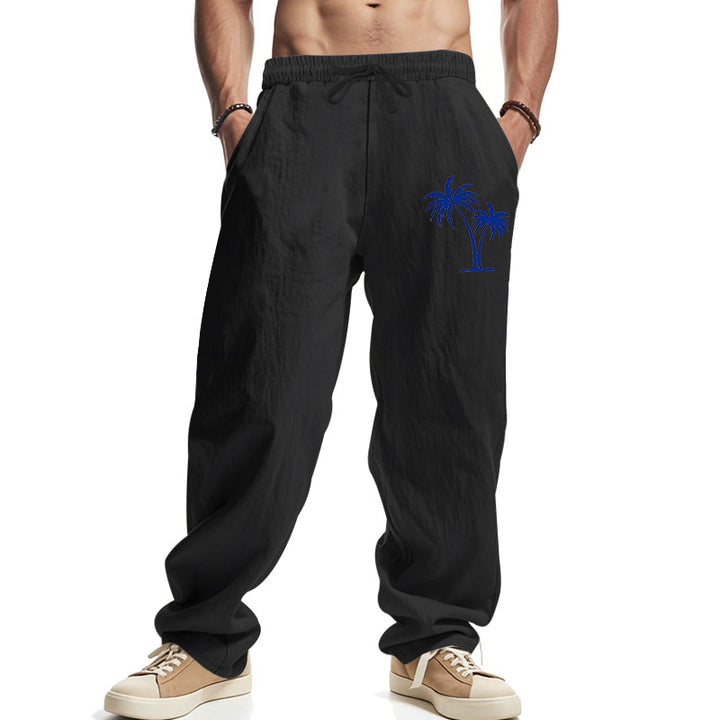Men's Lightweight Linen-Look Casual Pants with Elastic Waistband, Drawstring & Palm Embroidery Mune Fashion
