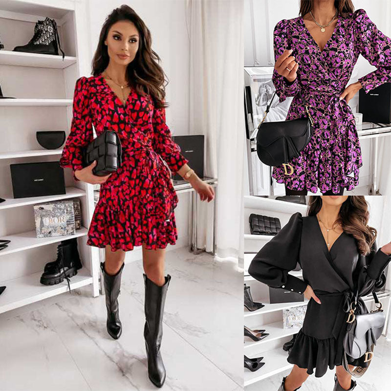 Women’s Wrap Mini Dress with Balloon Sleeves, Waist Belt & Decorative Cuffs Mune Fashion