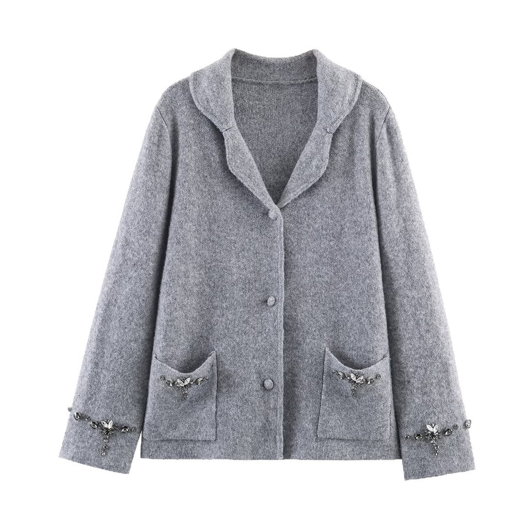 Ladies Short Wool Blend Cardigan Coat with Shawl Collar and Jewel Stone Applications Mune Fashion