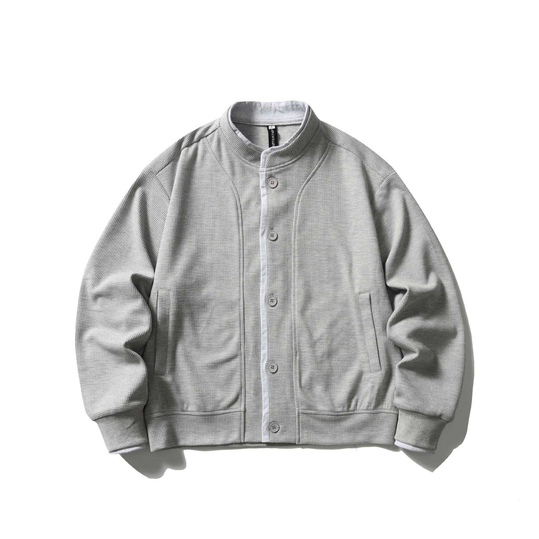 Unisex Short Cut Boxy Blouson Jacket with Waffle Structure, Stand-Up Collar and Contrast Piping Mune Fashion