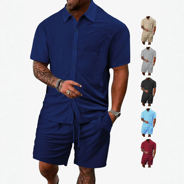 Men's buttoned leisure set with shirt collar herringbone structure chest pocket and drawstring shorts Mune Fashion