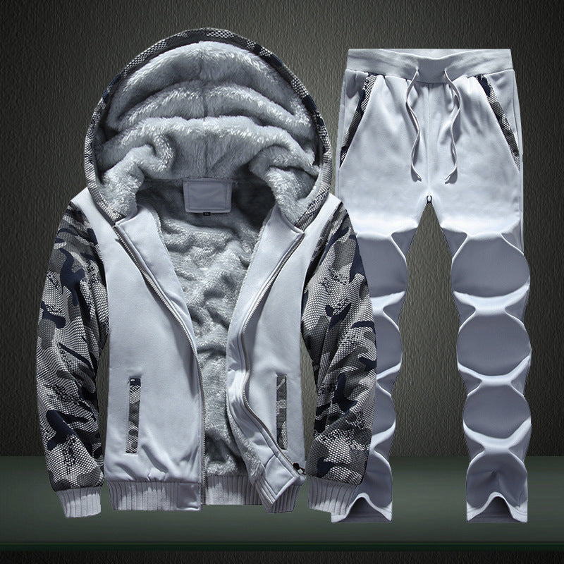 Men's Fleece Lined Casual Training Suit Set with Hooded Jacket and Camouflage Sleeves Mune Fashion