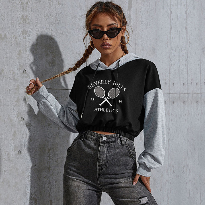Women's Cropped Hoodie with Contrast Sleeves, Elastic Hem and Melting Smiley Print