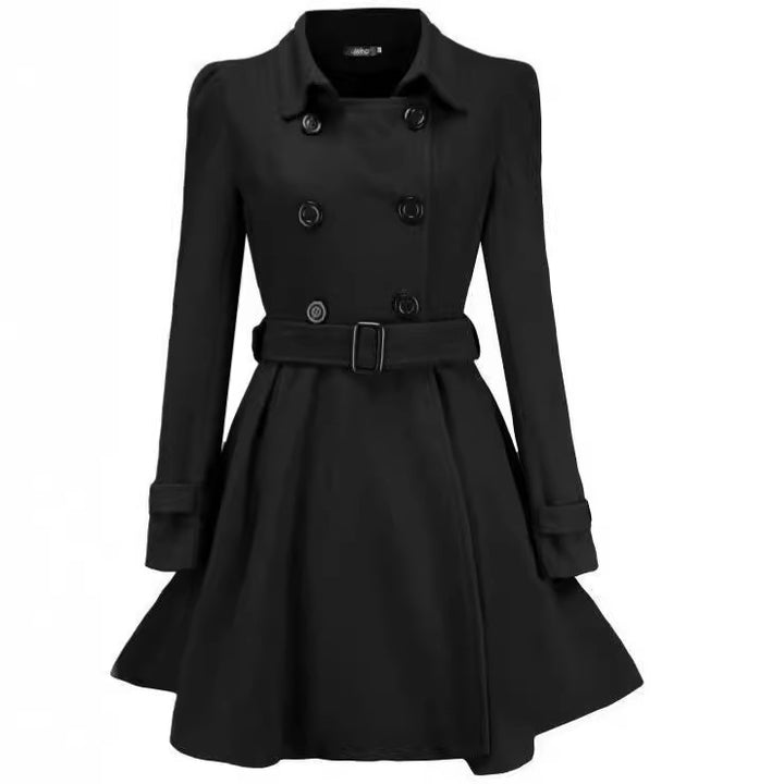 Women's Tailored Double-Breasted A-Line Coat with Tie Belt and Flared Skirt Mune Fashion