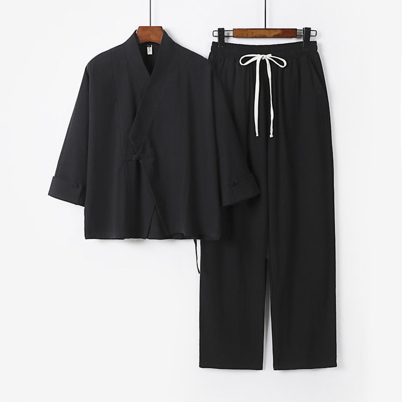 Unisex Lightweight Zen Lounge Set in Kimono Style with Dropped Shoulder Concealed Knot Placket and Elastic Drawstring Pants Mune Fashion
