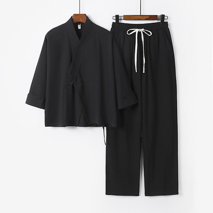 Unisex Lightweight Zen Lounge Set in Kimono Style with Dropped Shoulder Concealed Knot Placket and Elastic Drawstring Pants Mune Fashion