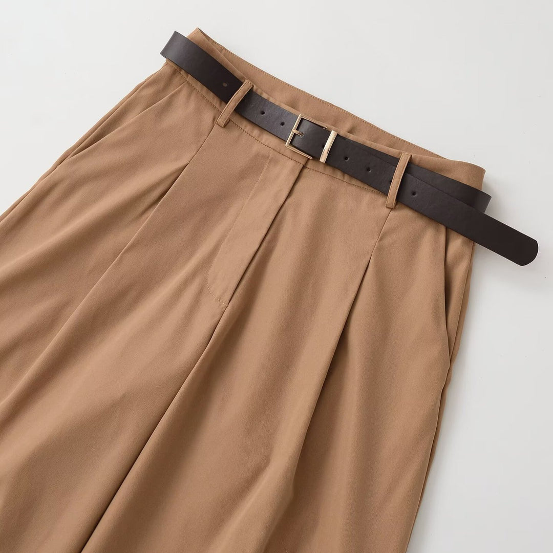 Women's culotte-inspired high-waist palazzo pants with crease and waist belt Mune Fashion