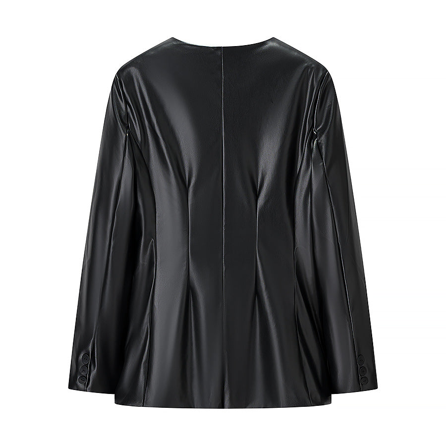Women Fitted Blazer Jacket in Leather Look with Single Button and Contouring Darts Mune Fashion