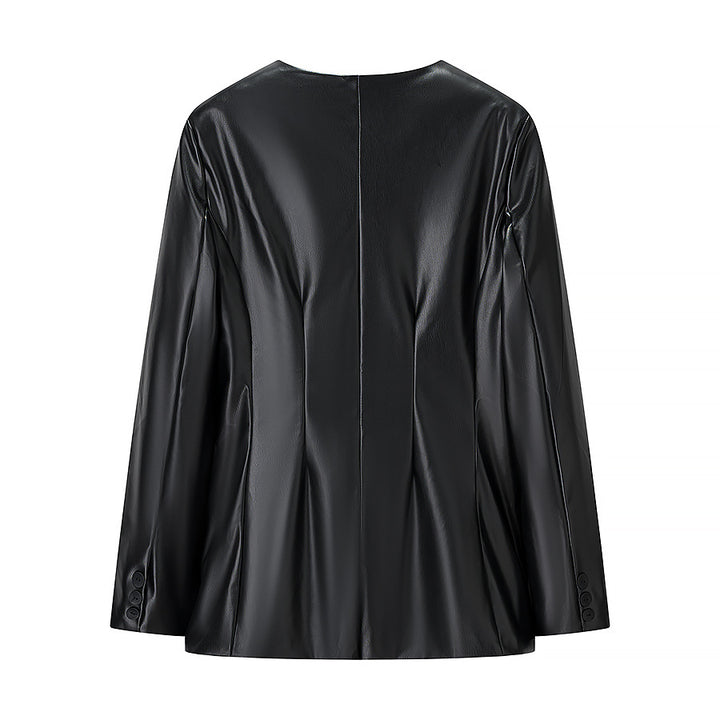Women Fitted Blazer Jacket in Leather Look with Single Button and Contouring Darts Mune Fashion