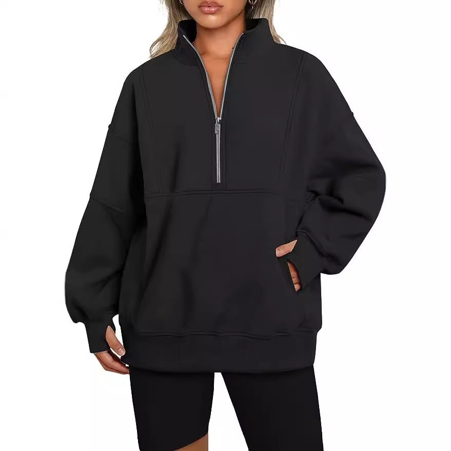 Women's Oversized Sweatshirt with Half Zipper, Kangaroo Pocket and Stand-up Collar Mune Fashion