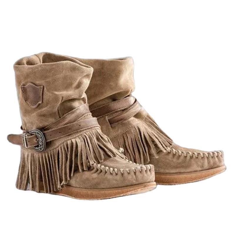 Women's moccasin ankle boots with fringes, decorative buckle and hand-stitched moccasin seam Mune Fashion
