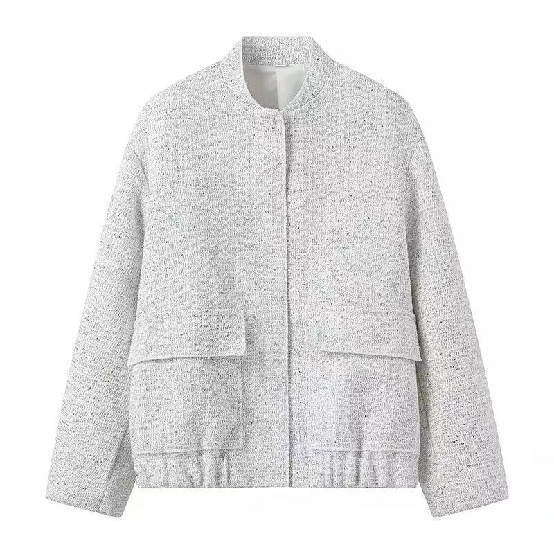 Women's structured bouclé jacket with stand-up collar, patch pockets, and elastic hem Mune Fashion