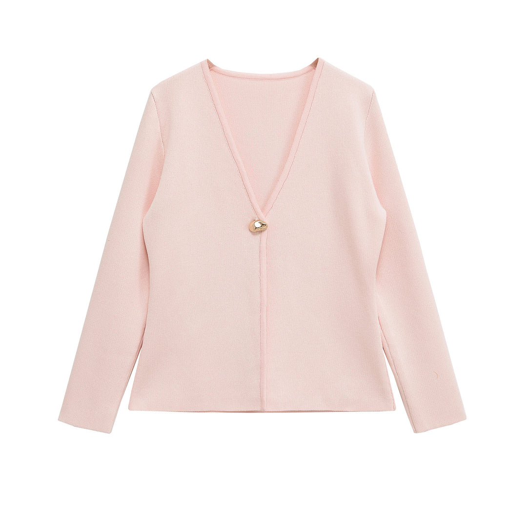 Ladies Fine V-Neck Cardigan with Decorative Button and Boxy Silhouette Mune Fashion