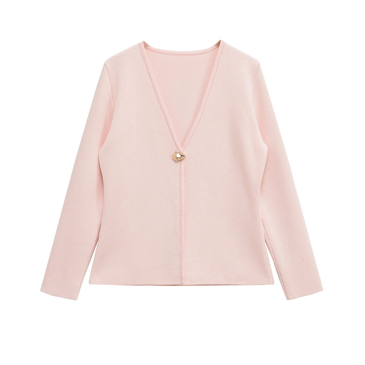 Ladies Fine V-Neck Cardigan with Decorative Button and Boxy Silhouette Mune Fashion