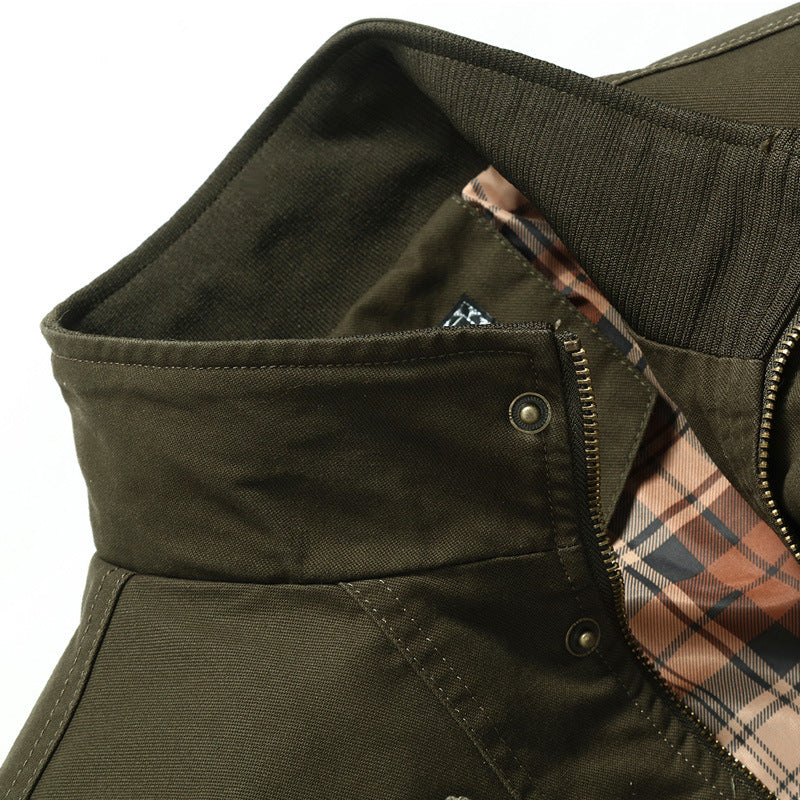 Men's canvas bomber jacket with checked lining, stand collar and badge appliqués Mune Fashion