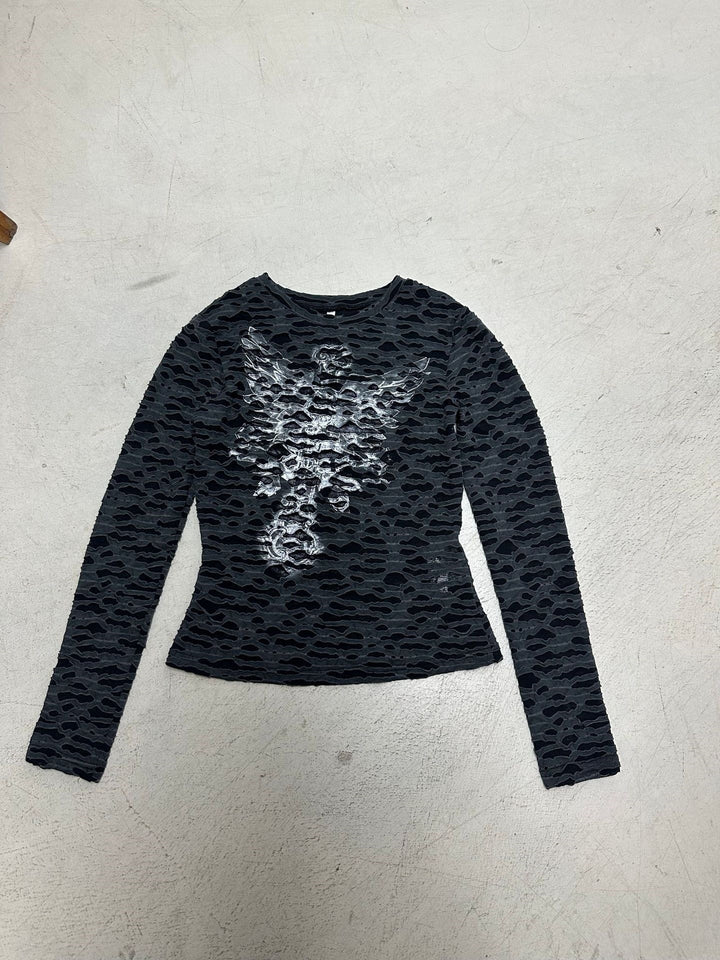 Women's Fitted Structured Long Sleeve Shirt with Metallic Skeleton Print Mune Fashion