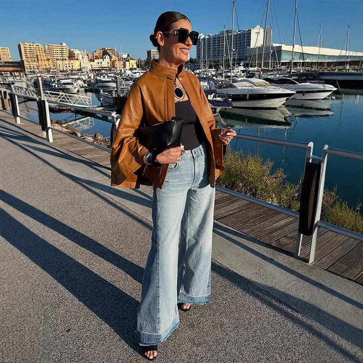 Women's Cape Sleeve Leather Jacket with Stand-up Collar Mune Fashion