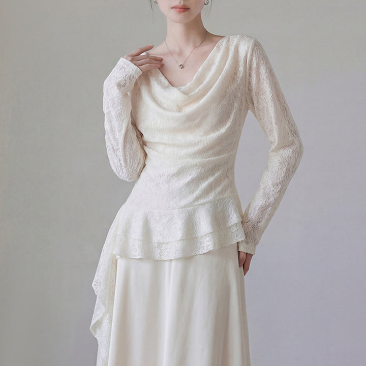 Women's nan draped lace top with asymmetrical pointed hem and waist belt Mune Fashion