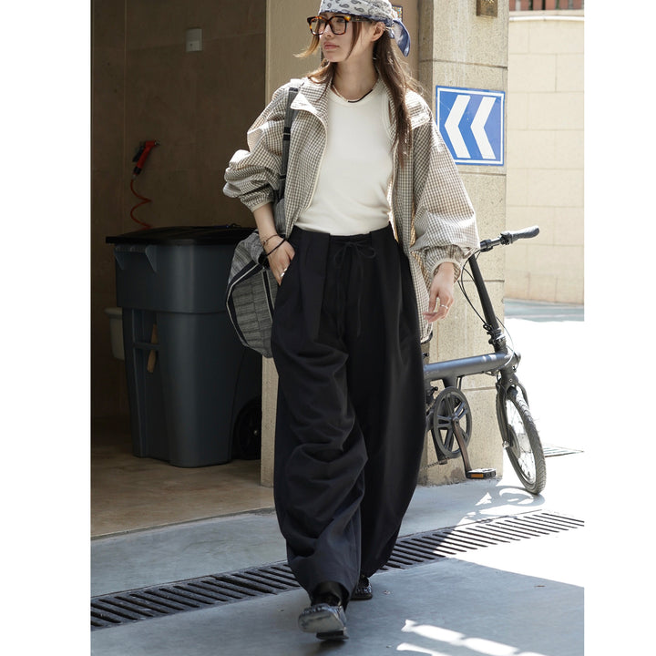 Women's Voluminous Palazzo Baggy Pants with Drawstring Waist and Draped Pleats Mune Fashion