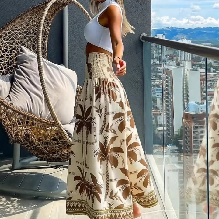 Women's maxi skirt with high smocked waist and airy boho palm print Drune