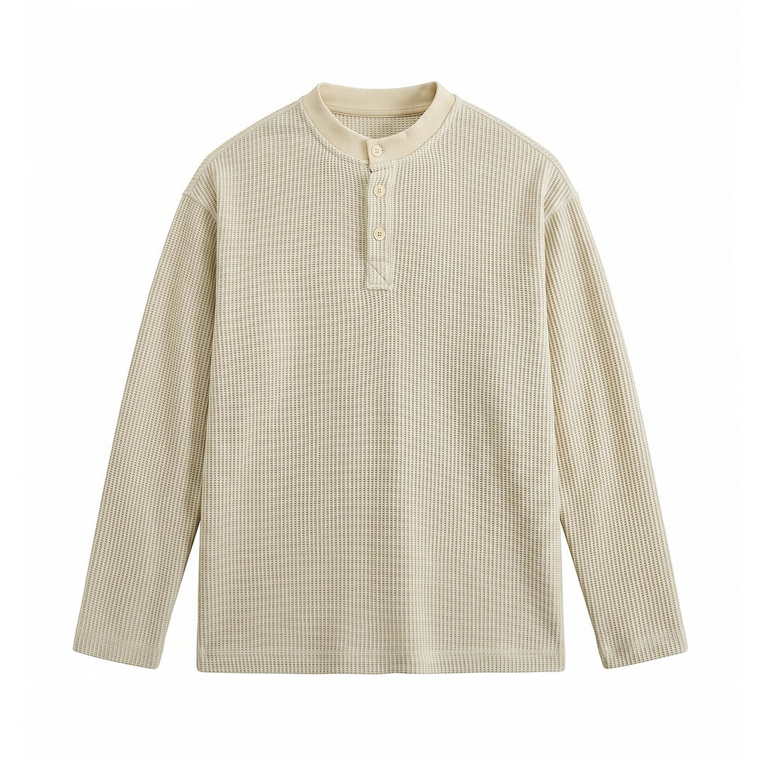 Men's waffle knit henley long sleeve shirt with button placket and relaxed fit Mune Fashion