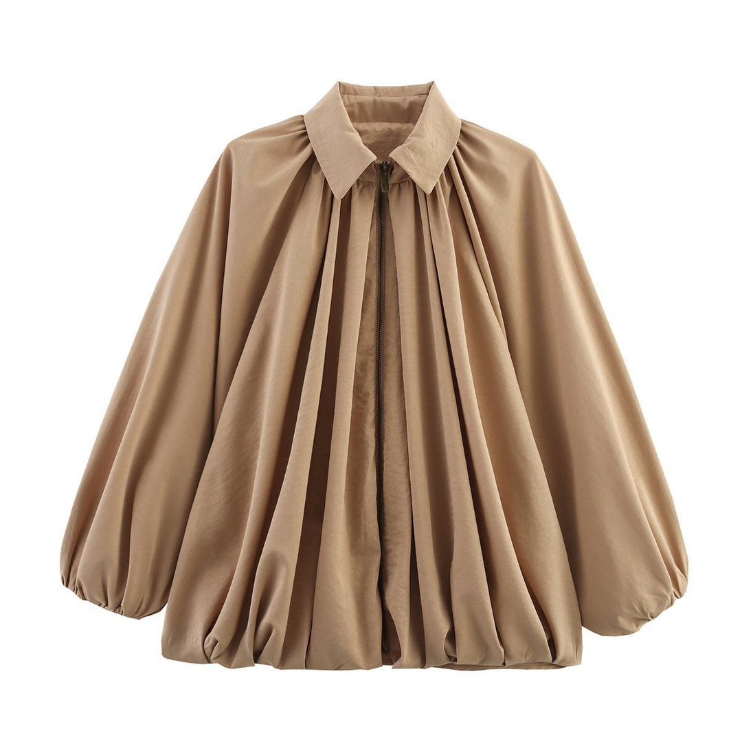 Women's Oversized Shirt Blouse with Zipper, Ruffles and Balloon Sleeves Mune Fashion