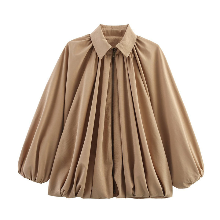 Women's Oversized Shirt Blouse with Zipper, Ruffles and Balloon Sleeves Mune Fashion