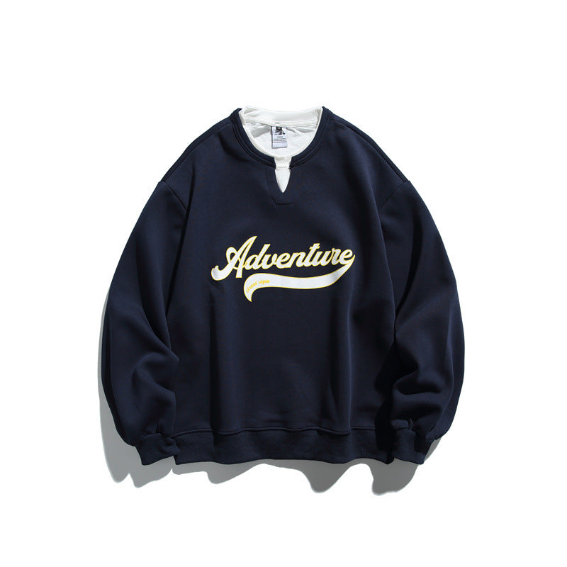 Unisex Oversized Sweatshirt with Notch Collar, Layered Effect and Script Print Mune Fashion