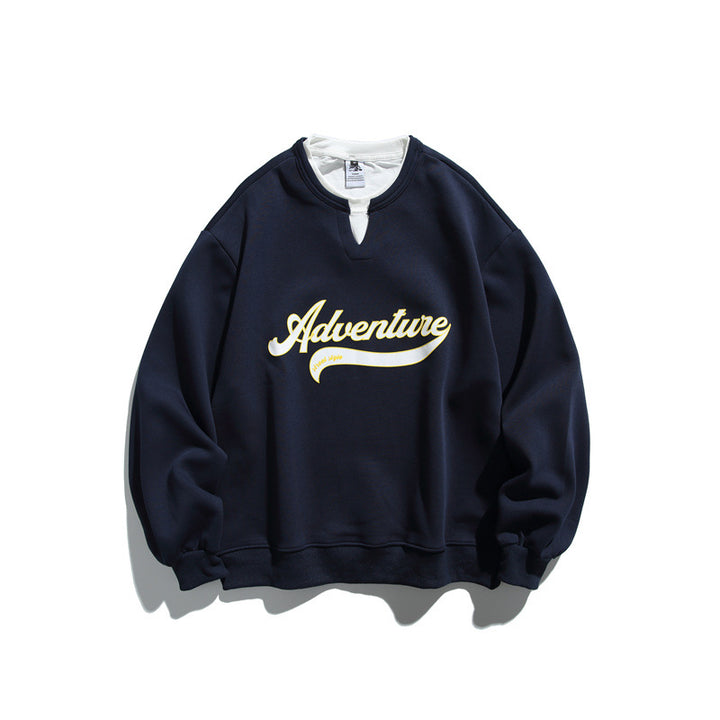 Unisex Oversized Sweatshirt with Notch Collar, Layered Effect and Script Print Mune Fashion