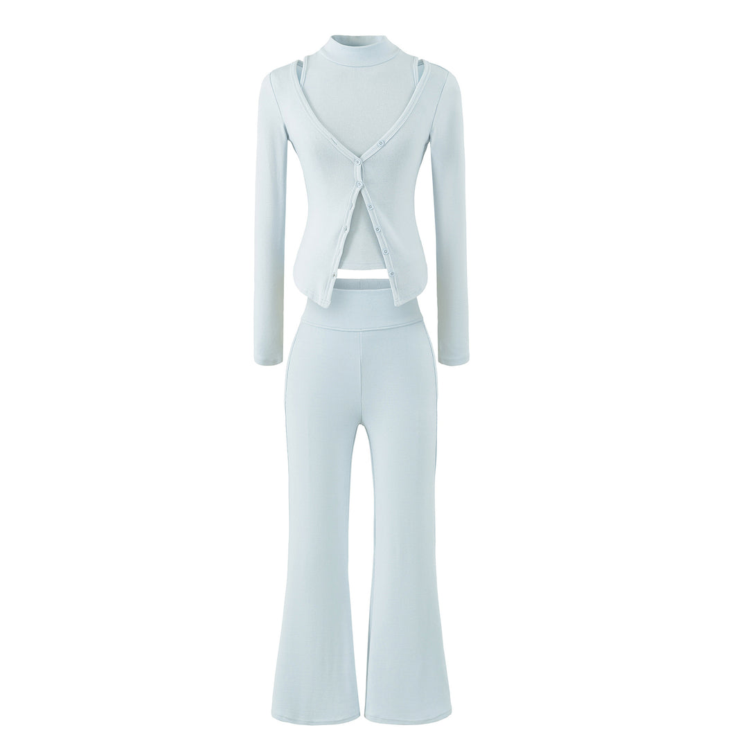Women Figure-Hugging Layering Set with Turtleneck Long Sleeve and Asymmetrical Button Jacket and Flared High-Waist Pants Mune Fashion