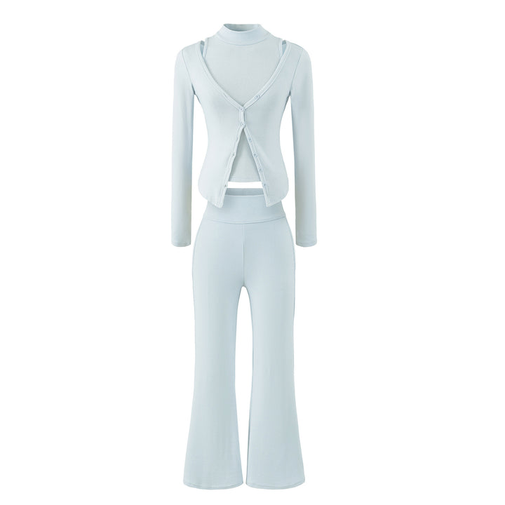 Women Figure-Hugging Layering Set with Turtleneck Long Sleeve and Asymmetrical Button Jacket and Flared High-Waist Pants Mune Fashion