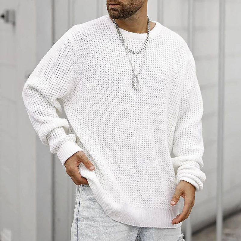Men's Chunky Knit Crew Neck Sweater with Basketweave Pattern and Relaxed Fit Mune Fashion