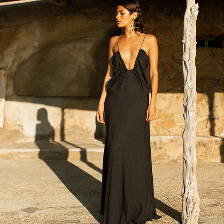 Ladies Elegant Maxi Dress with Deep V Neckline Mune Fashion